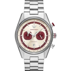 Montre homme Emporio Armani 42 mm réf. AR11645, cadran crème, bracelet acier, mouvement quartz – vue de face | Horlova Maroc