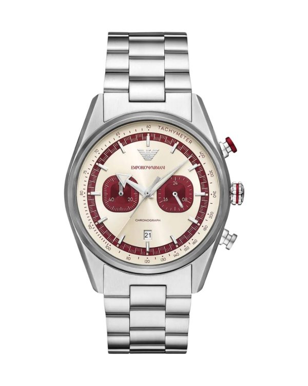 Montre homme Emporio Armani 42 mm réf. AR11645, cadran crème, bracelet acier, mouvement quartz – vue de face | Horlova Maroc