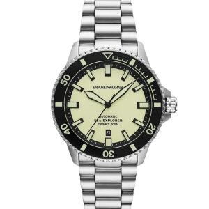 Montre homme Emporio Armani 42 mm réf. AR60083, cadran jaune, bracelet acier, mouvement automatique – vue de face | Horlova Maroc