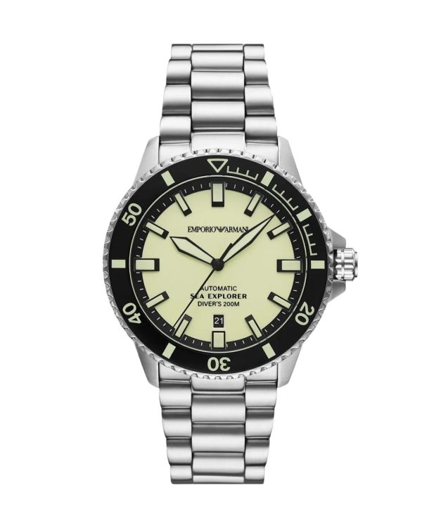 Montre homme Emporio Armani 42 mm réf. AR60083, cadran jaune, bracelet acier, mouvement automatique – vue de face | Horlova Maroc