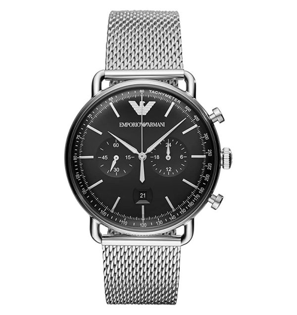 Montre homme Emporio Armani 43 mm réf. AR11104, cadran argenté, bracelet acier, mouvement quartz – vue de face | Horlova Maroc