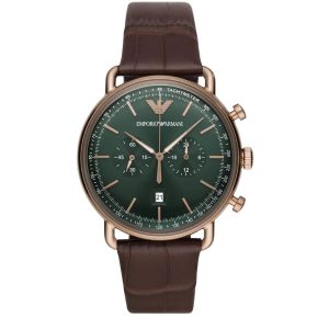 Montre homme Emporio Armani 43 mm réf. AR11334, cadran vert, bracelet cuir, mouvement quartz chronographe – vue de face | Horlova Maroc