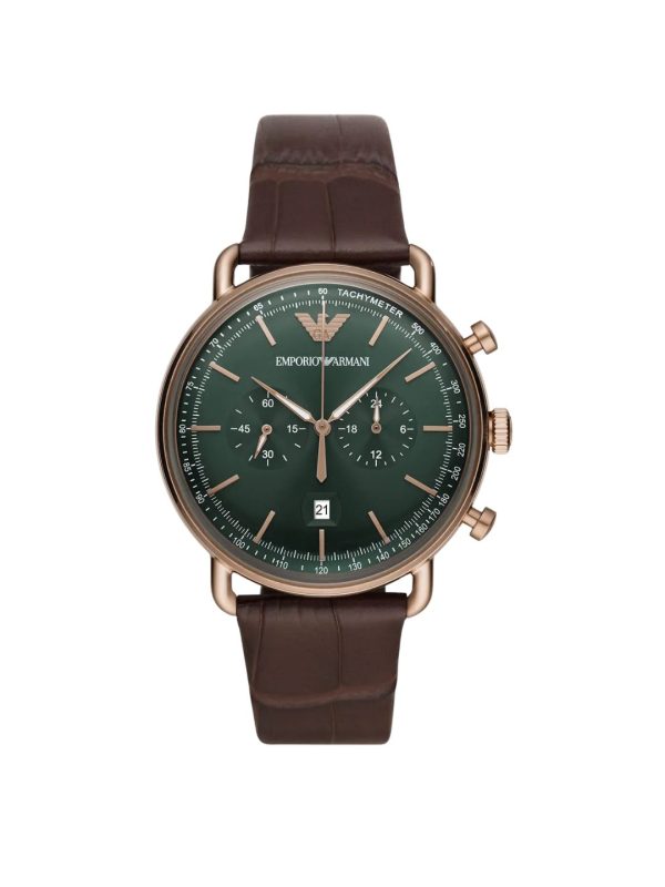 Montre homme Emporio Armani 43 mm réf. AR11334, cadran vert, bracelet cuir, mouvement quartz chronographe – vue de face | Horlova Maroc
