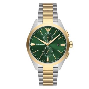 Montre homme Emporio Armani 43 mm réf. AR11511, cadran vert, bracelet acier, mouvement quartz – vue de face | Horlova Maroc