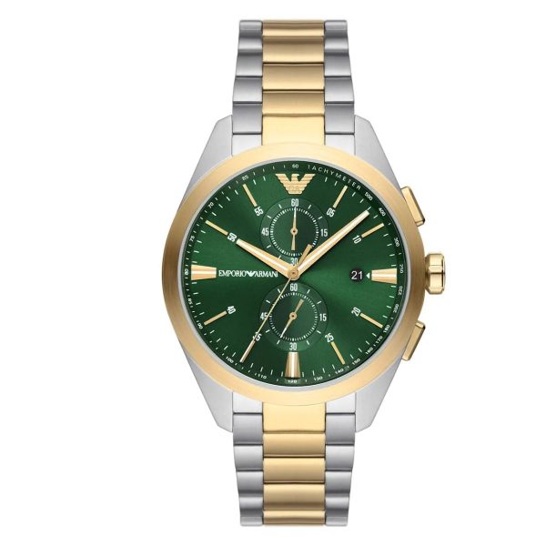 Montre homme Emporio Armani 43 mm réf. AR11511, cadran vert, bracelet acier, mouvement quartz – vue de face | Horlova Maroc