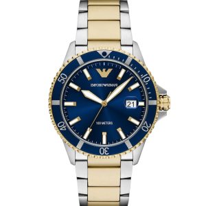 Montre homme Emporio Armani 43 mm réf. AR11682, cadran bleu, bracelet acier, mouvement quartz – vue de face | Horlova Maroc