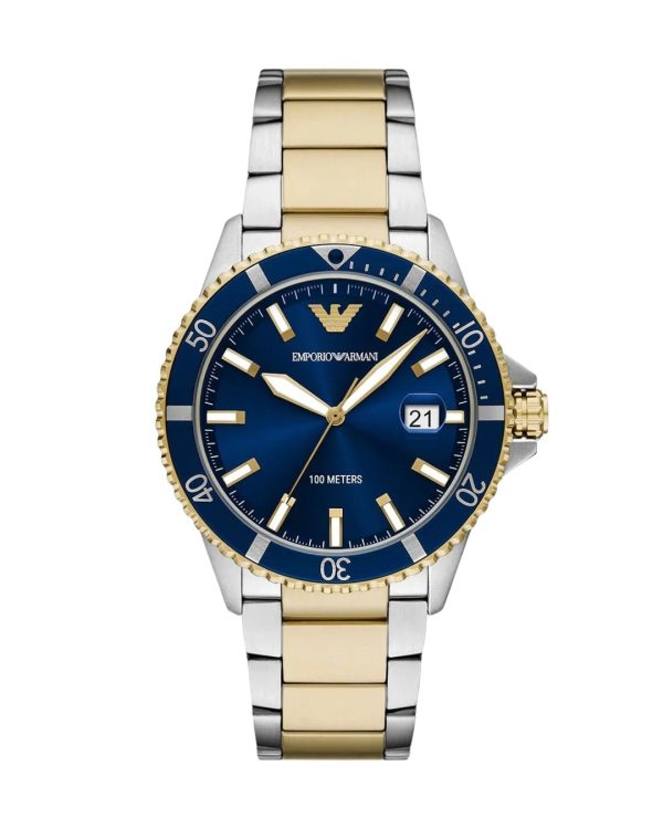 Montre homme Emporio Armani 43 mm réf. AR11682, cadran bleu, bracelet acier, mouvement quartz – vue de face | Horlova Maroc