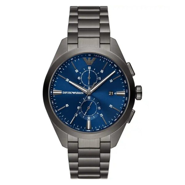 Montre homme Emporio Armani Claudio 43 mm réf. AR11481, cadran bleu, mouvement quartz chronographe – vue de face | Horlova Maroc