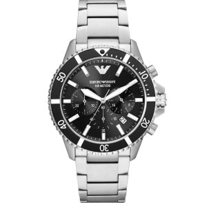 Montre homme Emporio Armani Diver 43 mm réf. AR11360, cadran noir, bracelet acier – vue de face | Horlova Maroc