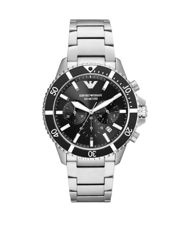 Montre homme Emporio Armani Diver 43 mm réf. AR11360, cadran noir, bracelet acier – vue de face | Horlova Maroc