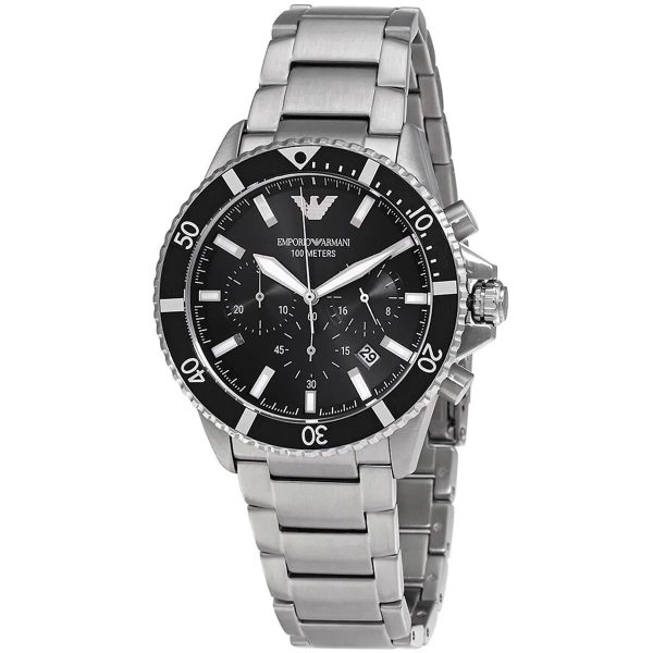 Montre homme Emporio Armani Diver 43 mm réf. AR11360, cadran noir, bracelet acier – autre angle