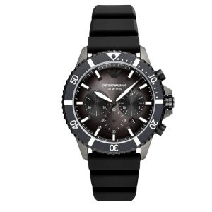 Montre homme Emporio Armani Diver 43 mm réf. AR11515, cadran gris, bracelet silicone, mouvement quartz – vue de face | Horlova Maroc