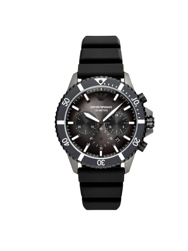 Montre homme Emporio Armani Diver 43 mm réf. AR11515, cadran gris, bracelet silicone, mouvement quartz – vue de face | Horlova Maroc