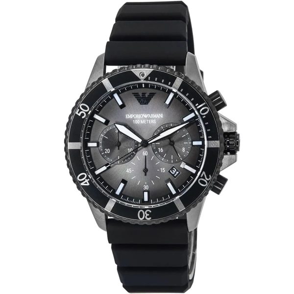 Montre homme Emporio Armani Diver 43 mm réf. AR11515, cadran gris, bracelet silicone – vue rapprochée