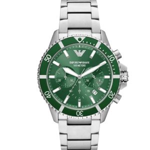 Montre homme Emporio Armani Diver Sophistiqué 43 mm réf. AR11500, cadran vert, bracelet acier – vue de face | Horlova Maroc
