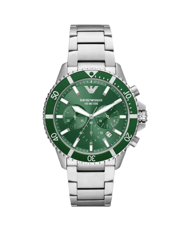 Montre homme Emporio Armani Diver Sophistiqué 43 mm réf. AR11500, cadran vert, bracelet acier – vue de face | Horlova Maroc