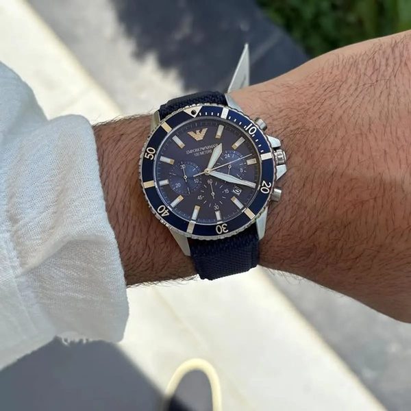 Montre homme Emporio Armani Diver Sport réf. AR11588, chronographe quartz, boîtier 44 mm, nylon – vue principale, Horlova Maroc