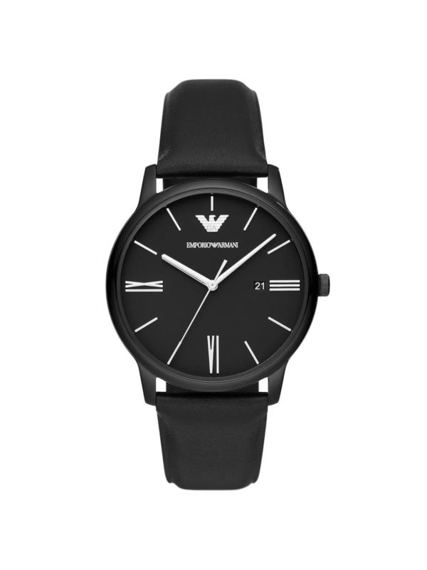 Montre homme Emporio Armani Gianni Bar 42 mm réf. AR11573, cadran noir, bracelet cuir, mouvement quartz – vue de face | Horlova Maroc