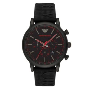 Montre homme Emporio Armani Luigi Xlarge 46 mm réf. AR11024, cadran noir, mouvement quartz chronographe – vue de face | Horlova Maroc