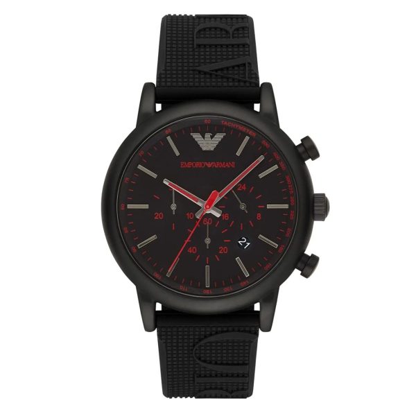 Montre homme Emporio Armani Luigi Xlarge 46 mm réf. AR11024, cadran noir, mouvement quartz chronographe – vue de face | Horlova Maroc