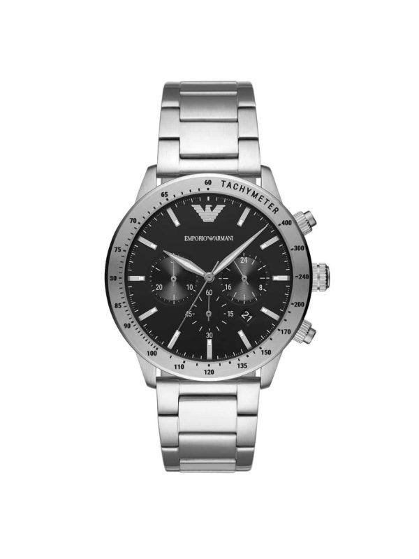 Montre homme Emporio Armani Mario 43 mm réf. AR11241, cadran noir, bracelet acier – vue de face | Horlova Maroc