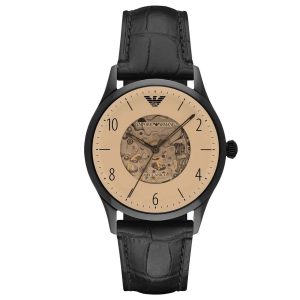 Montre homme Emporio Armani Meccanico 41 mm réf. AR1923, cadran marron, bracelet cuir, mouvement automatique – vue de face | Horlova Maroc