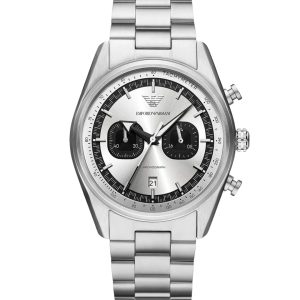 Montre homme Emporio Armani Racer 43 mm réf. AR11636, cadran argenté, bracelet acier – vue de face | Horlova Maroc