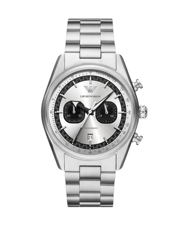 Montre homme Emporio Armani Racer 43 mm réf. AR11636, cadran argenté, bracelet acier – vue de face | Horlova Maroc