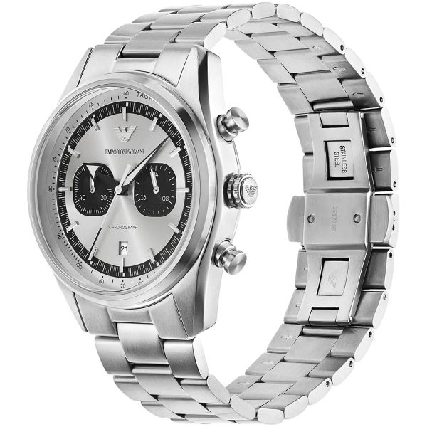 Montre homme Emporio Armani Racer 43 mm réf. AR11636, cadran argenté, bracelet acier – autre angle