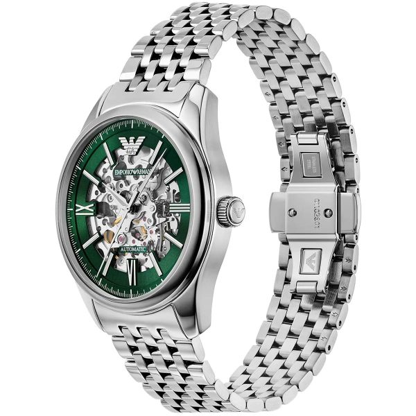 Montre homme Emporio Armani Skeleton 43 mm réf. AR60091, cadran vert, mouvement automatique – vue rapprochée