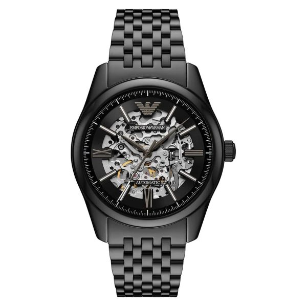 Montre homme Emporio Armani Skeleton 43 mm réf. AR60093, cadran noir – vue de trois-quarts