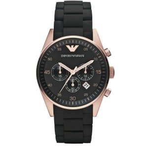 Montre homme Emporio Armani Sportivo Tazio Large 43 mm réf. AR5905, cadran noir, bracelet caoutchouc – vue de face | Horlova Maroc