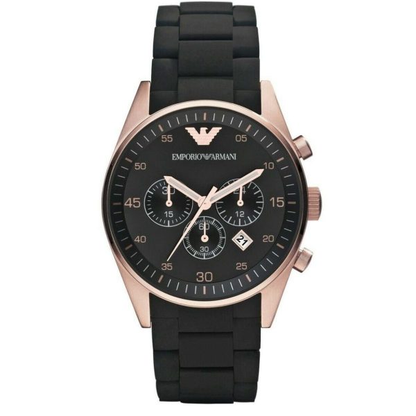 Montre homme Emporio Armani Sportivo Tazio Large 43 mm réf. AR5905, cadran noir, bracelet caoutchouc – vue de face | Horlova Maroc