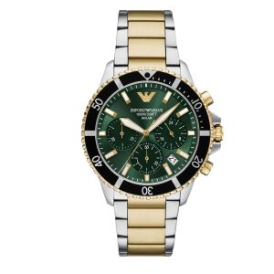 Montre homme Emporio Armani World Explorer 43.5 mm réf. AR11695, cadran vert, bracelet acier – vue de face | Horlova Maroc