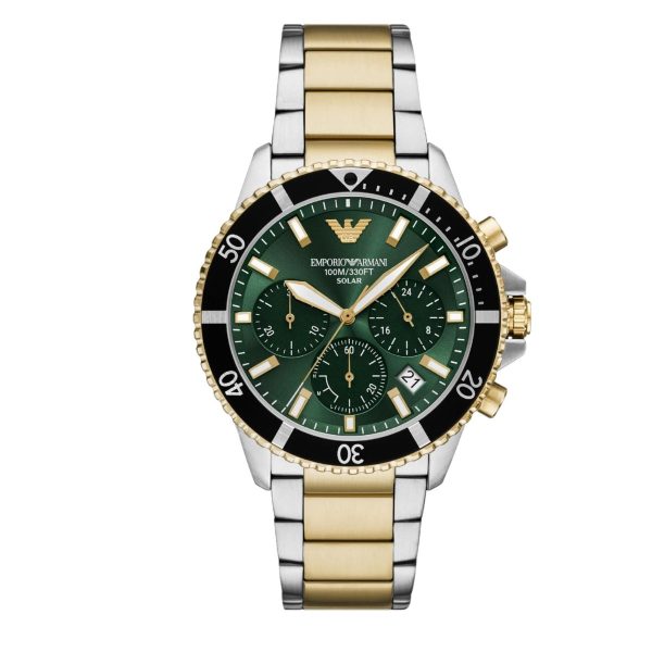 Montre homme Emporio Armani World Explorer 43.5 mm réf. AR11695, cadran vert, bracelet acier – vue de face | Horlova Maroc