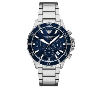 Montre homme Emporio Armani World Explorer Solar 43.5 mm réf. AR11681, bracelet acier, mouvement solaire – vue de face | Horlova Maroc