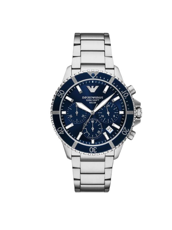 Montre homme Emporio Armani World Explorer Solar 43.5 mm réf. AR11681, bracelet acier, mouvement solaire – vue de face | Horlova Maroc