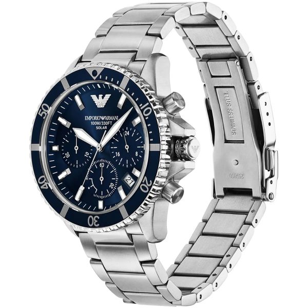 Montre homme Emporio Armani World Explorer Solar 43.5 mm réf. AR11681, bracelet acier – autre angle