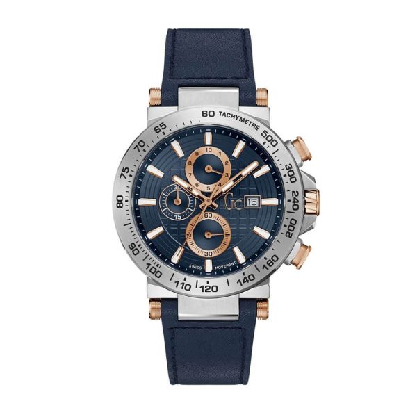 Montre homme Gc Sport 44 mm réf. Y37004G7, bracelet cuir, mouvement quartz chronographe – vue de face | Horlova Maroc