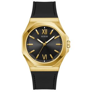 Montre homme Guess 41.5 mm réf. GW0850G2, cadran noir, bracelet silicone, mouvement quartz – vue de face | Horlova Maroc