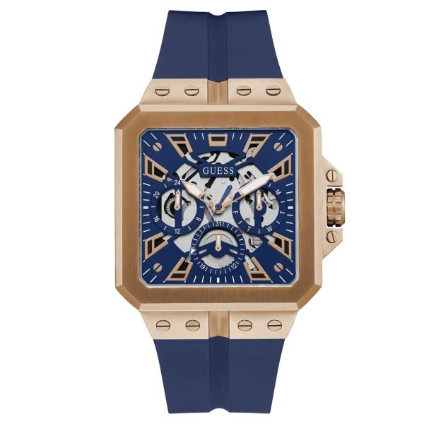 Montre homme Guess 42 mm réf. GW0637G3, cadran bleu, mouvement quartz – vue de face | Horlova Maroc
