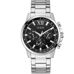 Montre homme Guess 44 mm réf. GW0900G1, cadran noir, bracelet acier, mouvement quartz – vue de face | Horlova Maroc