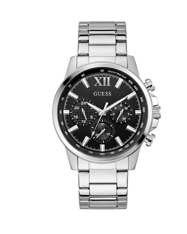 Montre homme Guess 44 mm réf. GW0900G1, cadran noir, bracelet acier, mouvement quartz – vue de face | Horlova Maroc