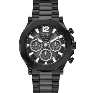 Montre homme Guess 46 mm réf. GW0539G3, cadran noir, mouvement quartz – vue de face | Horlova Maroc
