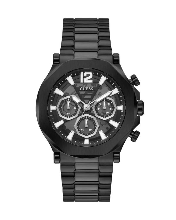 Montre homme Guess 46 mm réf. GW0539G3, cadran noir, mouvement quartz – vue de face | Horlova Maroc