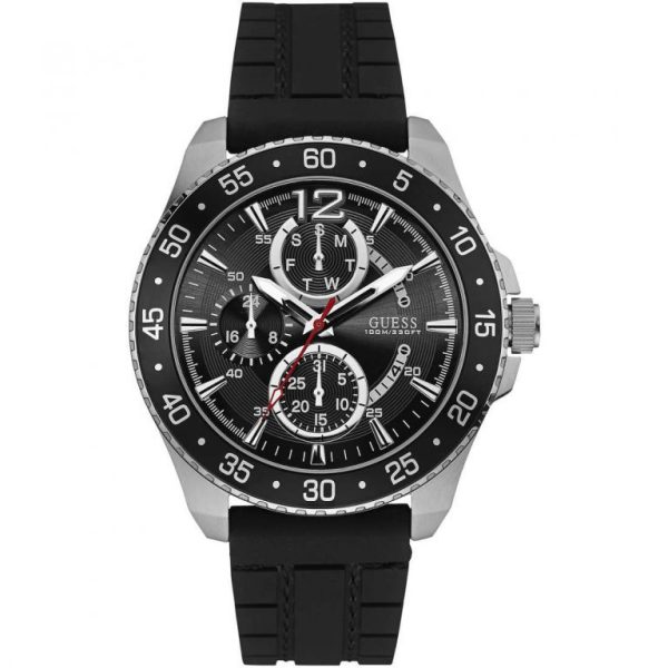 Montre homme Guess 46 mm réf. W0798G1, bracelet silicone, mouvement quartz – vue de face | Horlova Maroc