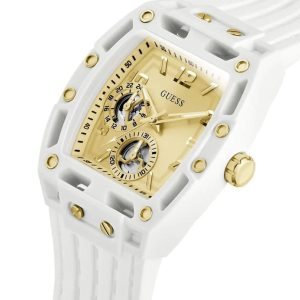 Montre homme Guess Champagne 44 mm réf. GW0499G5, cadran champagne, bracelet silicone, mouvement quartz – vue de face | Horlova Maroc