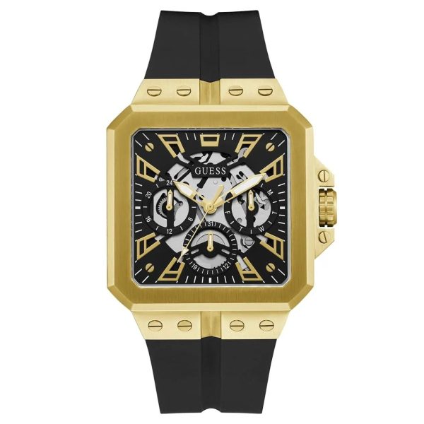 Montre homme Guess Design Carré 42 mm réf. GW0637G2, cadran noir, bracelet caoutchouc, mouvement quartz – vue de face | Horlova Maroc
