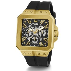 Montre homme Guess Design Carré 42 mm réf. GW0637G2, cadran noir, bracelet caoutchouc – vue de trois-quarts