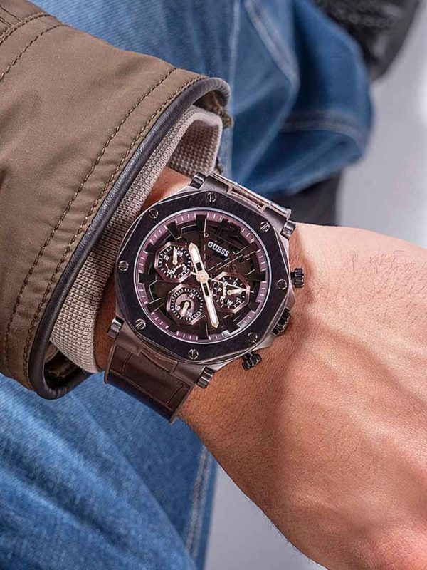 Montre homme Guess Edge réf. GW0492G2, mouvement quartz, boîtier 46 mm, acier inoxydable, cuir – vue principale, Horlova Maroc